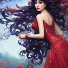 Illustration of Woman in Red Dress with Dark Hair in Moody Setting