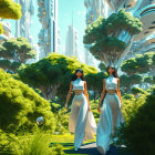 Futuristic scene: Two women in advanced park setting