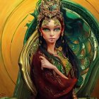Digital artwork featuring two regal women in ornate golden-green attire with flowing hair and intricate jewelry,