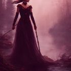 Woman in elegant gown with staff by misty forest lake at twilight