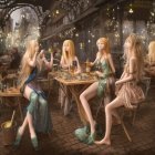 Four animated female characters in medieval attire holding mugs in a fantasy tavern setting