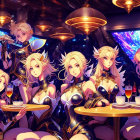 Group of Five Female Characters in Matching Outfits at Bar with Blue Lighting