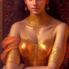 Striking green-eyed woman in ornate golden attire against warm backdrop