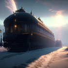 Fantasy train with ornate details on snow-covered tracks at twilight