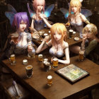 Animated fairy characters with wings at rustic tavern table.