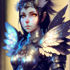 Digital artwork featuring female character in metallic armor with feathered wing helmet