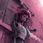 Pink-haired female character in dystopian setting, chained against magenta wall