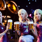 Three identical animated women with white hair in purple dresses holding beer mugs on bokeh light background
