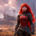 Striking red-haired woman in futuristic bodysuit on sci-fi battlefield