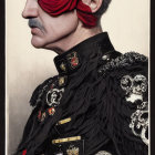 Detailed portrait of a man with silver hair, red blindfold, and military jacket