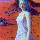 Digital artwork: Pale woman with blue hair, crown, white gown, against red alien landscape