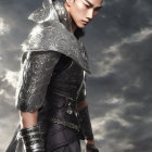 Male warrior in ornate silver armor against dramatic cloudy sky