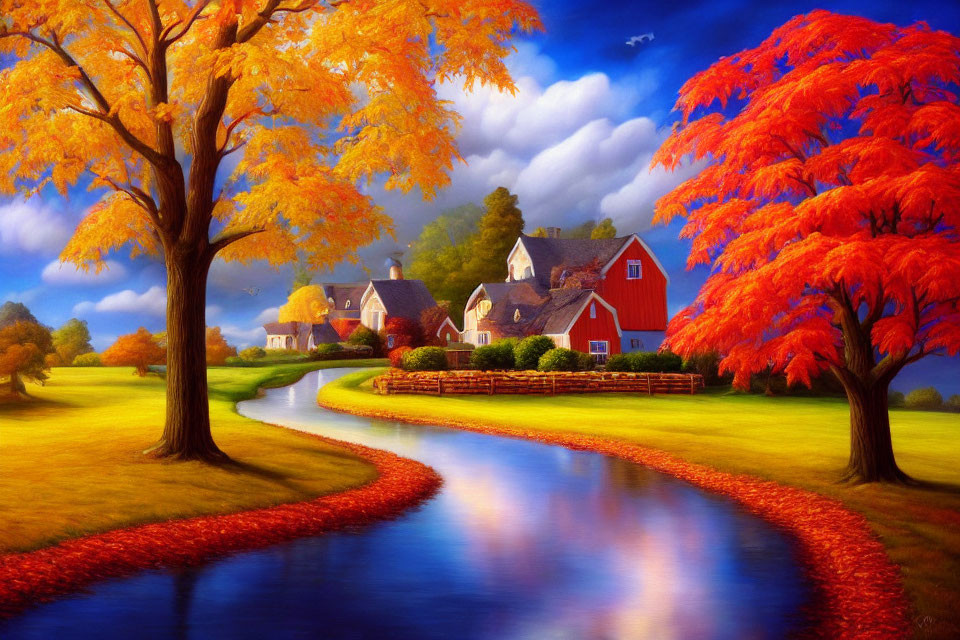 Colorful autumn landscape with stream, red barn, and quaint houses under cloudy sky