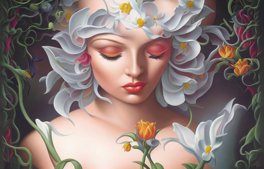 Illustration of serene woman with floral hair and vibrant colors