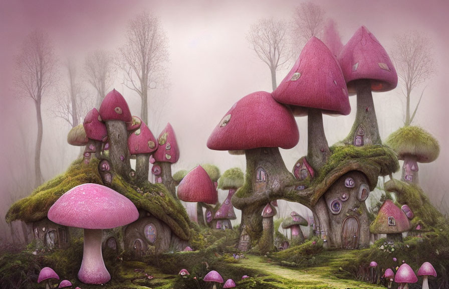 Whimsical forest scene with oversized mushroom houses in rich pink tones