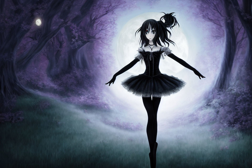 Black-haired anime girl in gothic dress in mystical purple forest