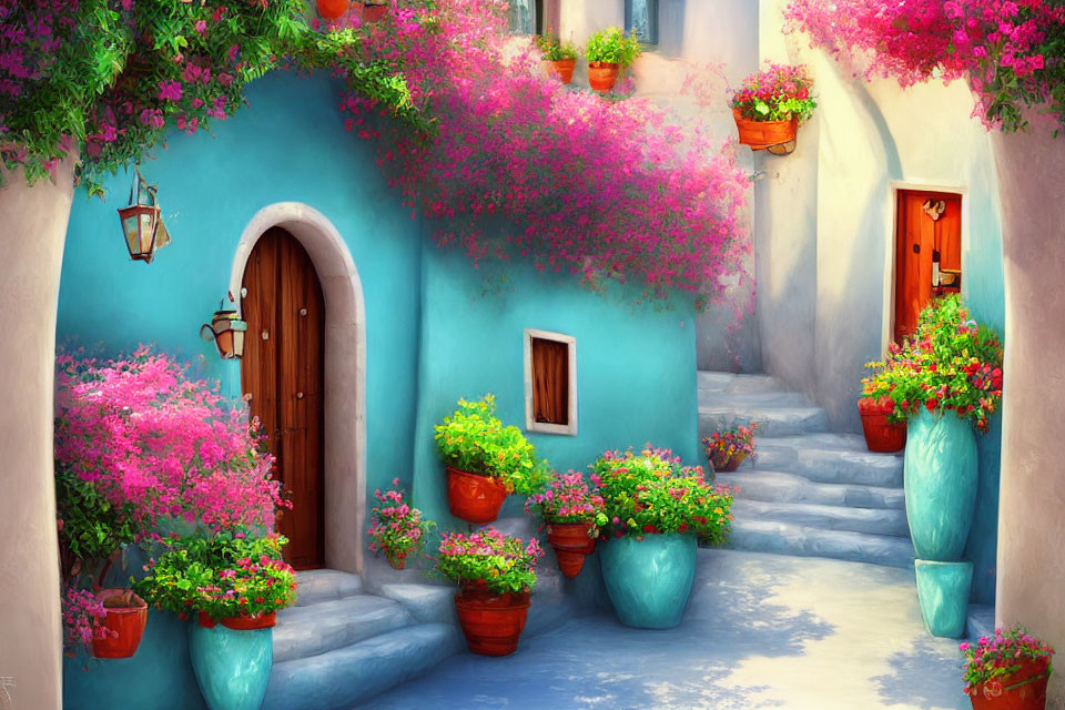 Vibrant alley with turquoise walls and pink bougainvillea, leading to wooden door