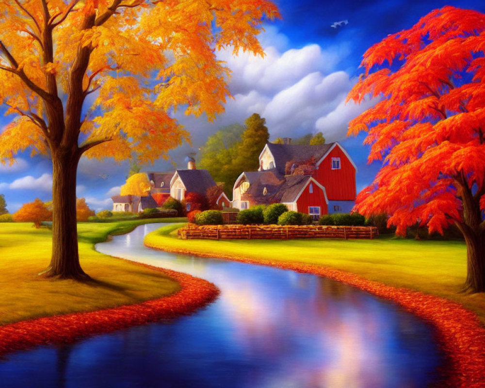 Colorful autumn landscape with stream, red barn, and quaint houses under cloudy sky