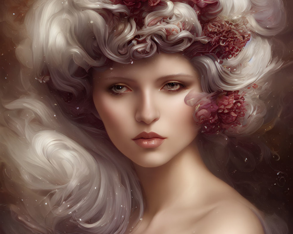 Digital painting of woman with white wavy hair and red flowers, serene gaze, brown background