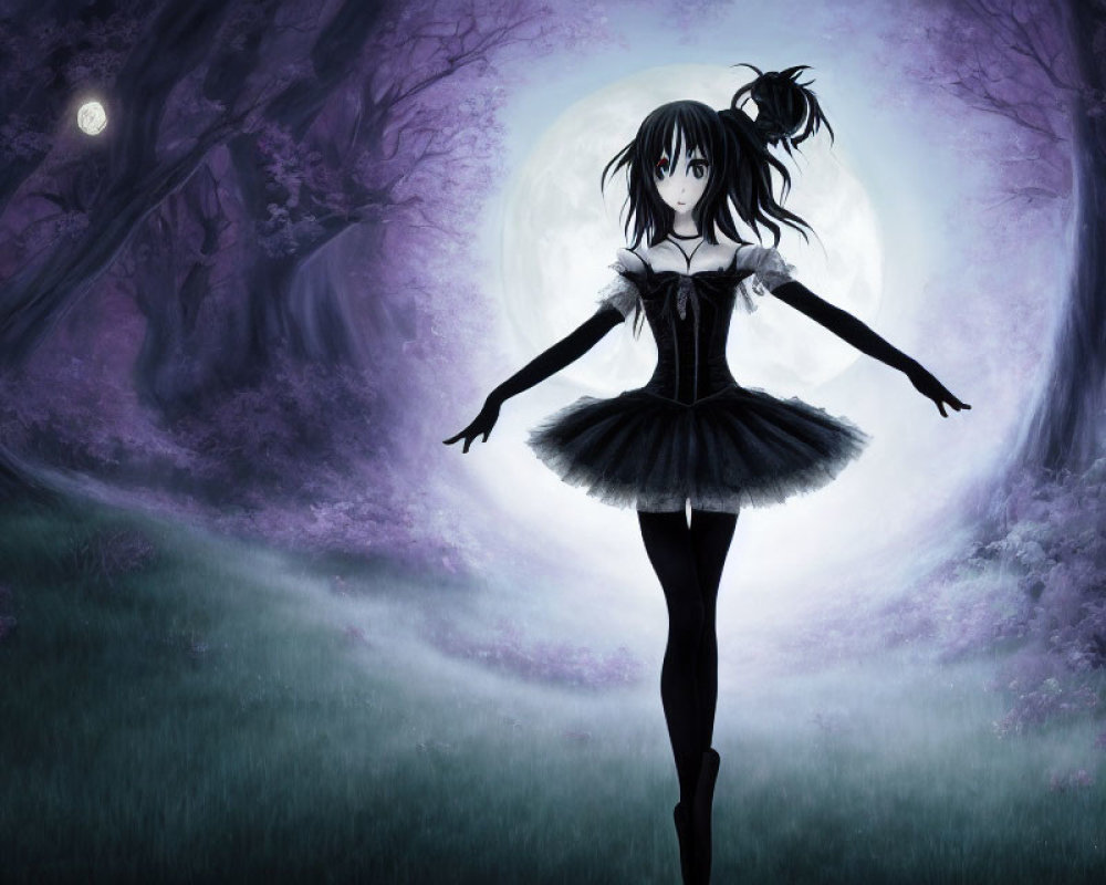 Black-haired anime girl in gothic dress in mystical purple forest