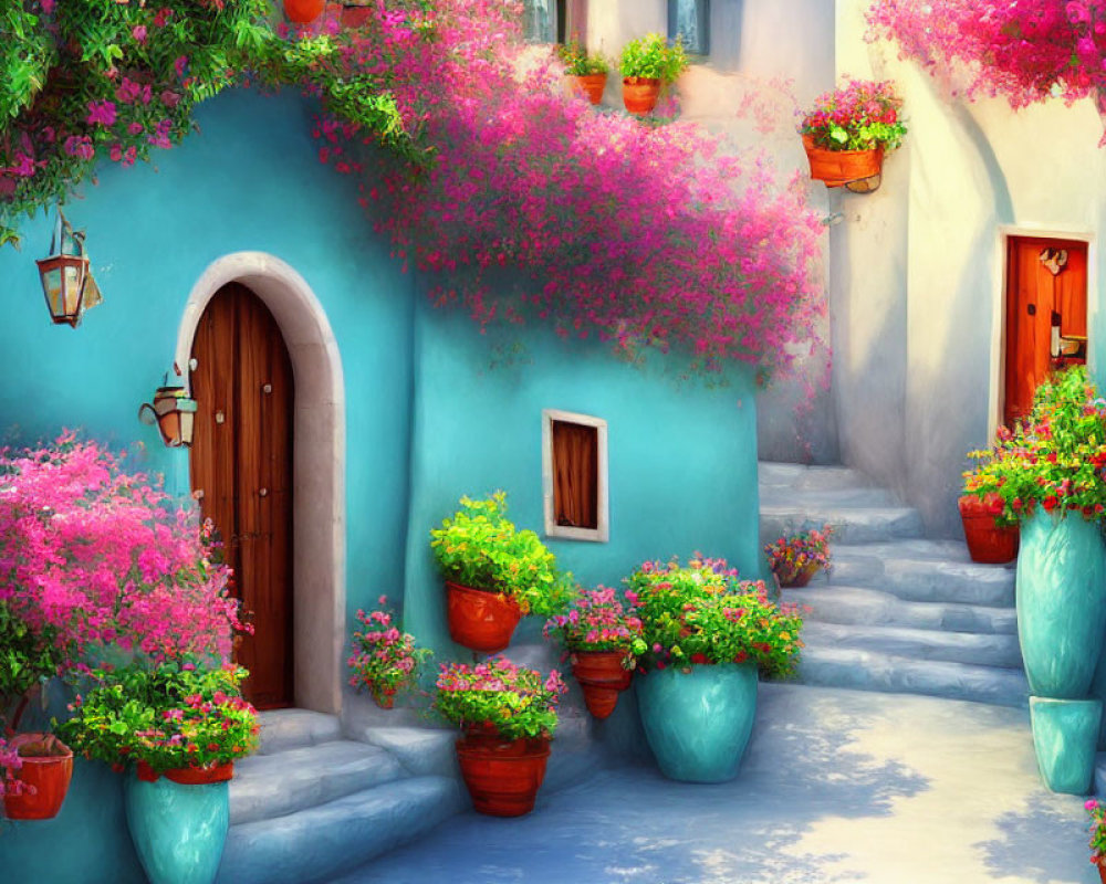 Vibrant alley with turquoise walls and pink bougainvillea, leading to wooden door