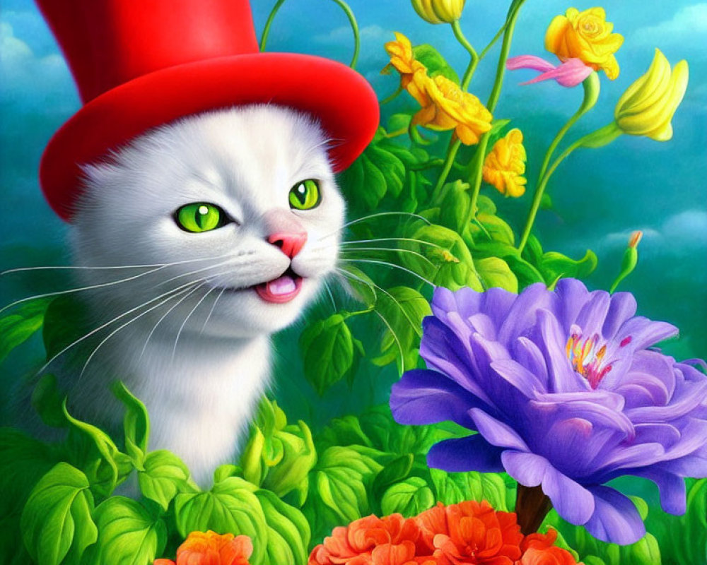 White Cat in Red Top Hat Surrounded by Colorful Flowers on Blue Background