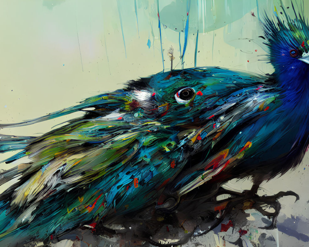 Vibrant abstract painting of two birds in blue, green, and red splattered effects