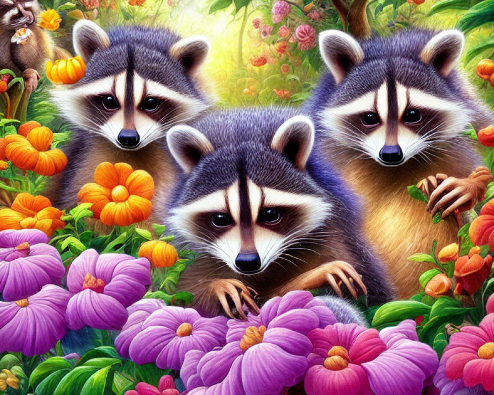 Three raccoons and monkey in vibrant floral setting