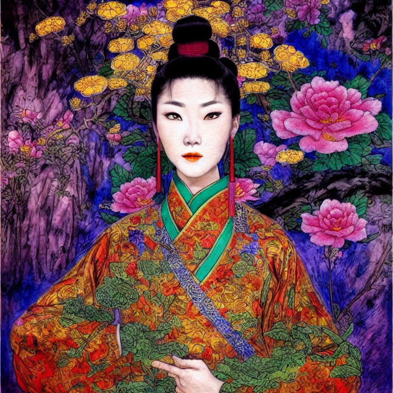 Colorful Traditional Asian Woman Amid Vibrant Flowers & Purple Background