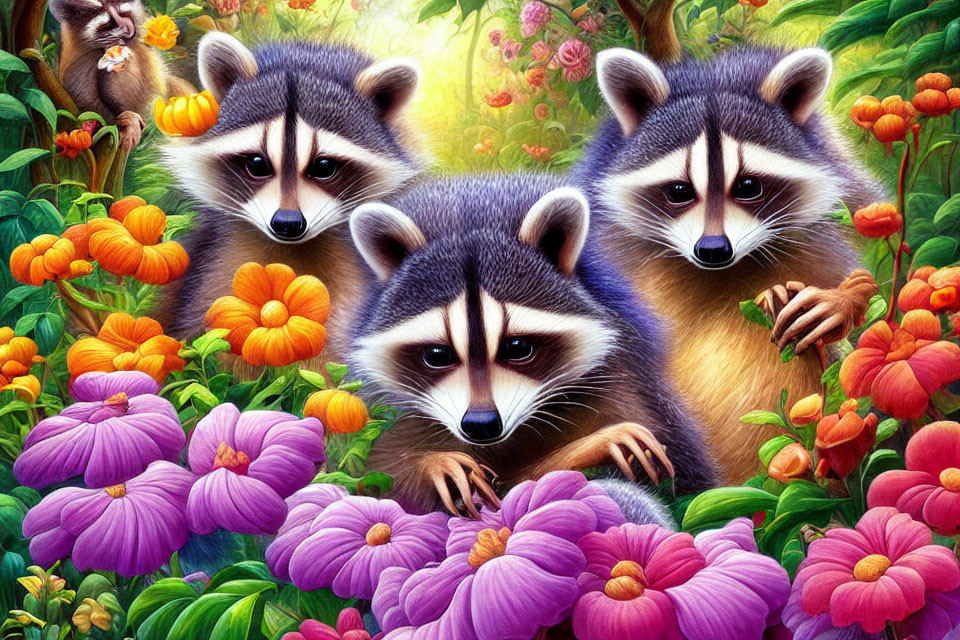 Three raccoons and monkey in vibrant floral setting