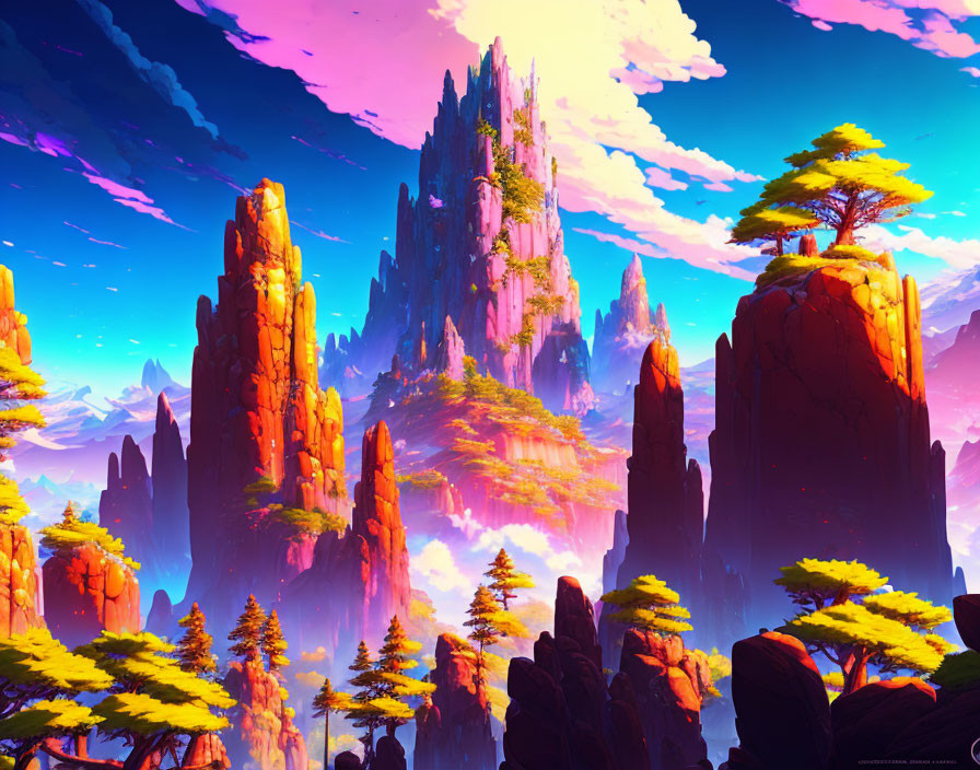Majestic fantasy landscape: towering rocks, waterfalls, golden trees, blue sky