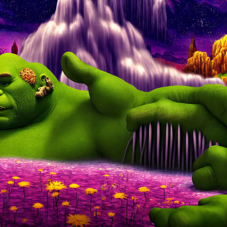 Colorful Animated Ogre Resting by Purple Waterfall at Twilight