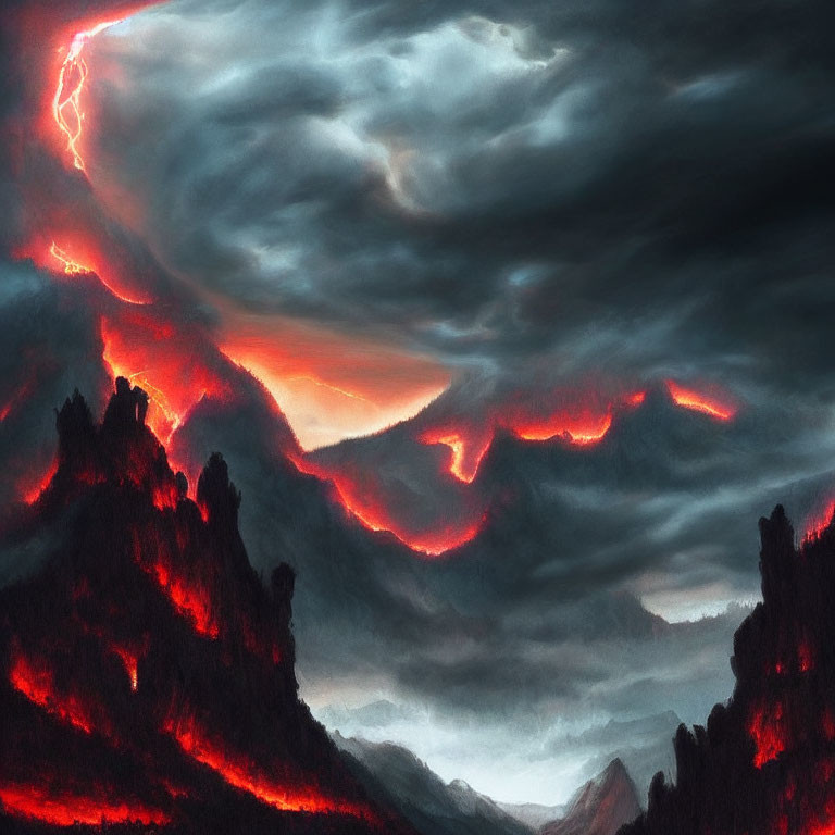 Volcanic eruption with lightning, fiery lava, and storm clouds
