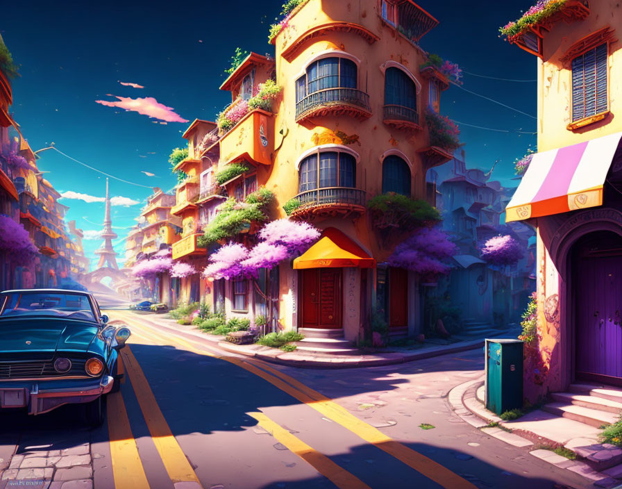 Colorful Street Scene with Purple Trees, Colorful Buildings, and Classic Blue Car