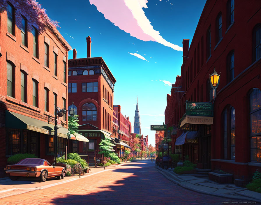 Urban street scene with red brick buildings, lush trees, blue sky, and parked car