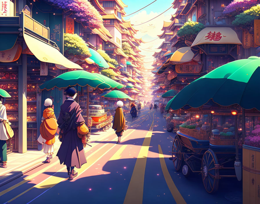 Busy Street Scene with Traditional Architecture and Hanging Lanterns