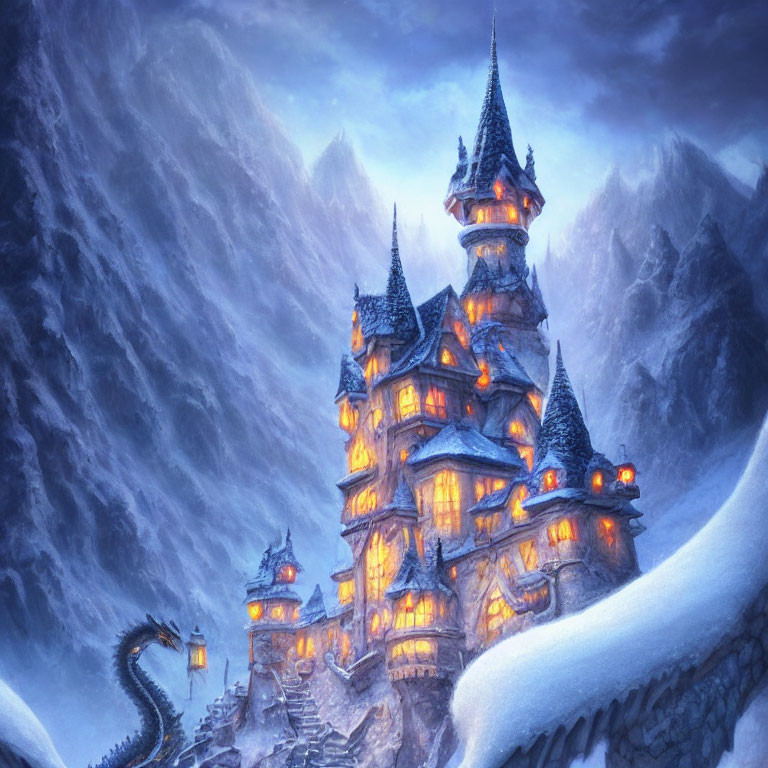 Enchanting castle in snow-covered mountains under twilight sky