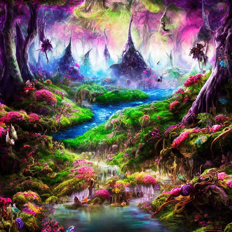 Mystical forest with pink flora, stream, waterfalls & ethereal light