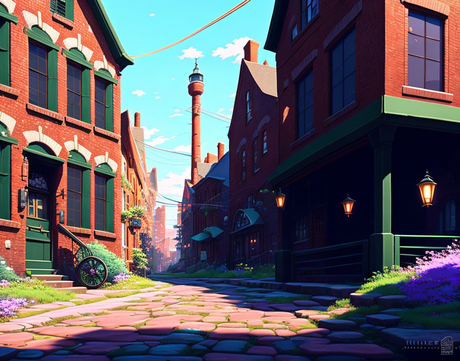 Picturesque cobblestone street with red brick buildings, flowers, and lanterns on a sunny day