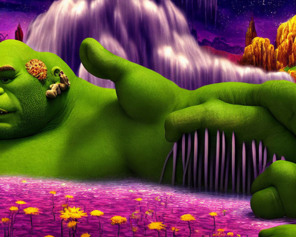 Colorful Animated Ogre Resting by Purple Waterfall at Twilight
