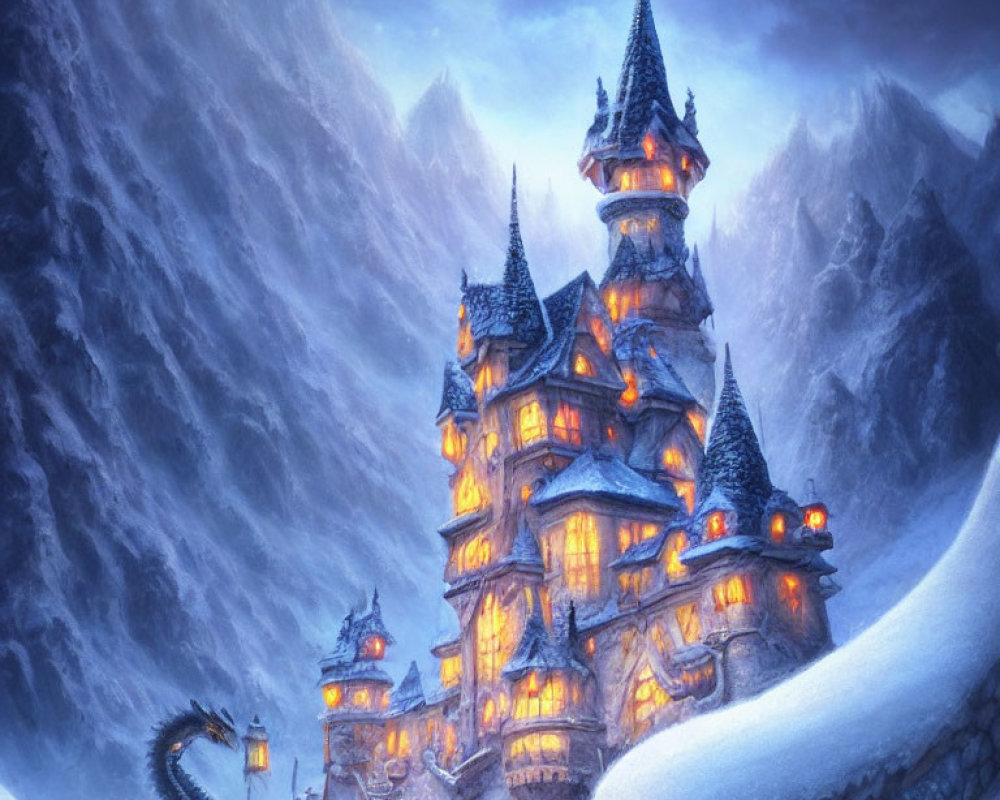 Enchanting castle in snow-covered mountains under twilight sky