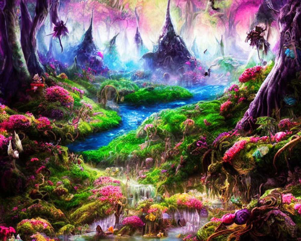Mystical forest with pink flora, stream, waterfalls & ethereal light