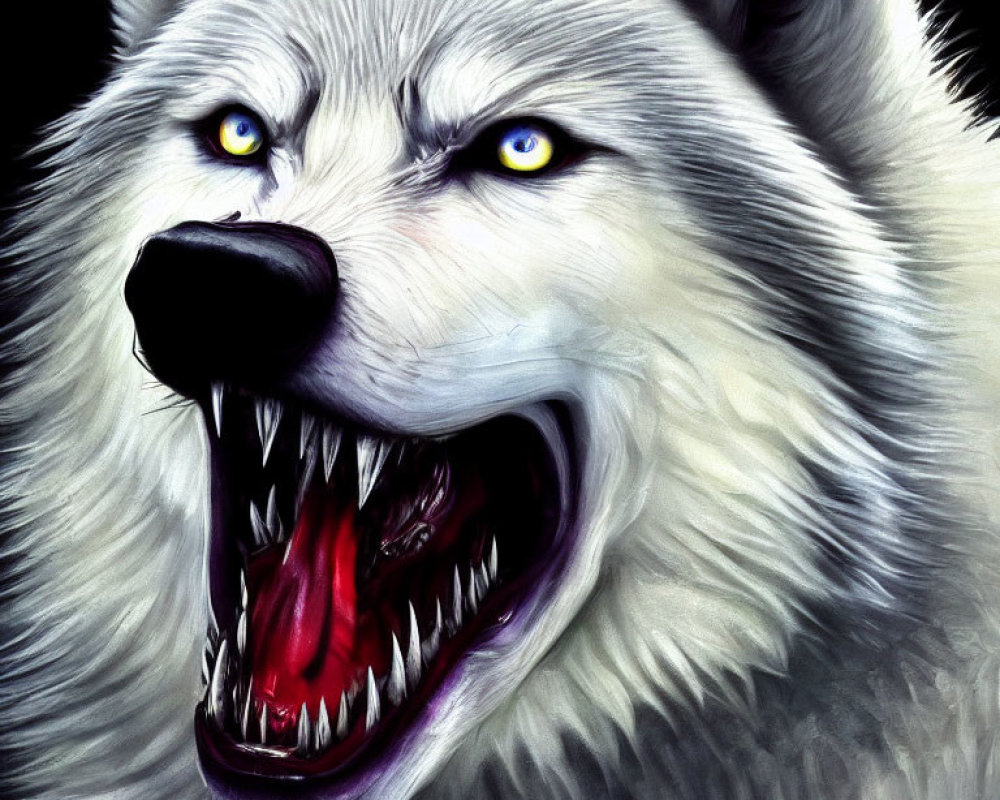 Detailed illustration of snarling wolf with sharp teeth and yellow eyes
