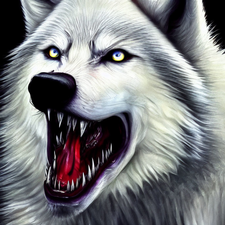 Detailed illustration of snarling wolf with sharp teeth and yellow eyes
