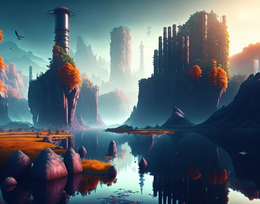 Alien landscape with rock formations, orange foliage, industrial structures, and reflective water.