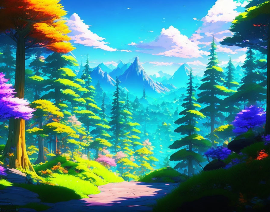 Colorful Fantasy Landscape with Vibrant Foliage, Clear Sky, and Distant Mountains