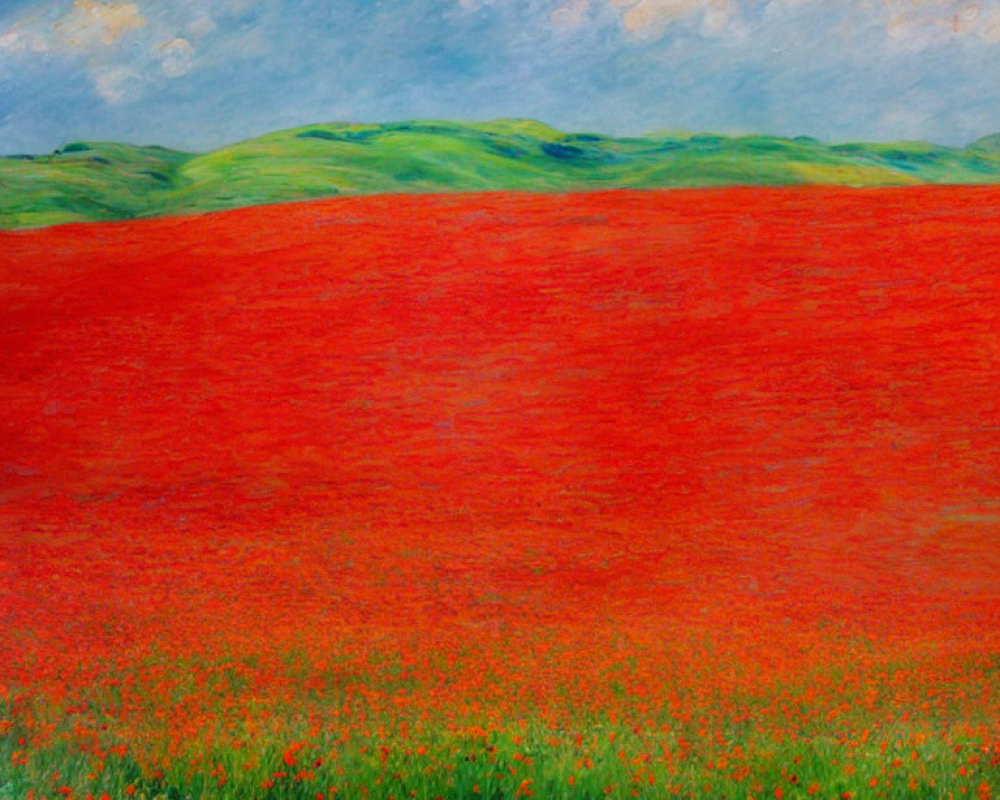 Colorful landscape painting of red poppy field under fluffy sky