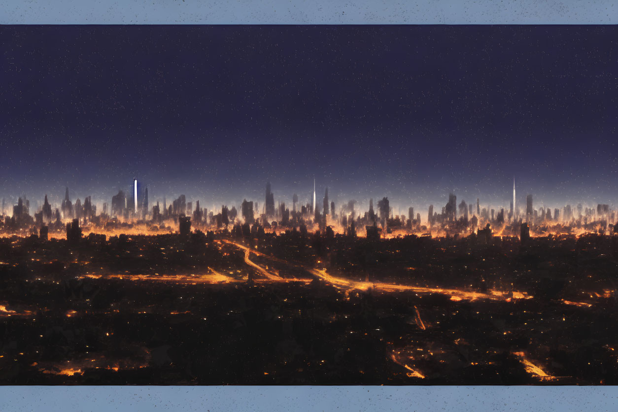 Night Cityscape: Illuminated Streets and Buildings under Dark Blue Sky