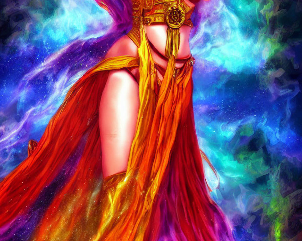 Vibrant Woman Illustration with Flowing Hair in Cosmic Nebula