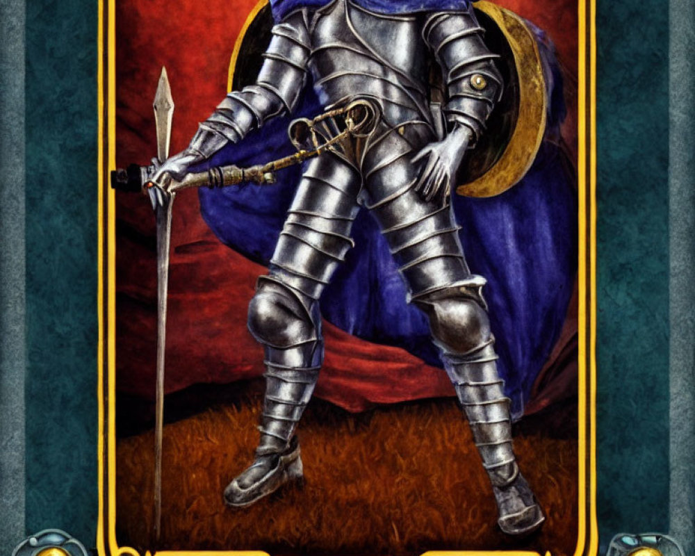 Knight in full armor with spear and shield on red and blue background.